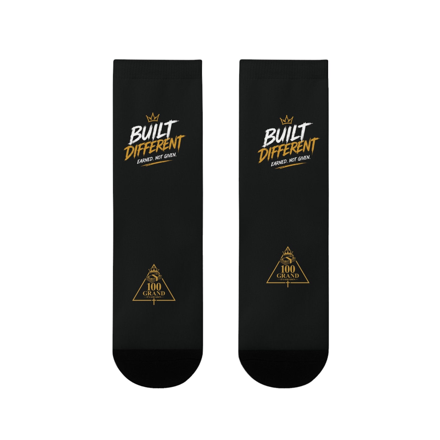 Built Different Crew Socks — Black Sublimated Athletic Socks with 'Built Different' Gold Logo