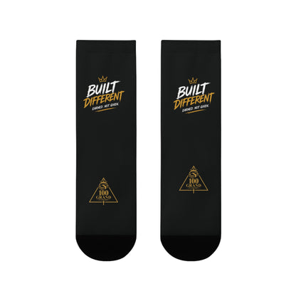 Built Different Crew Socks — Black Sublimated Athletic Socks with 'Built Different' Gold Logo
