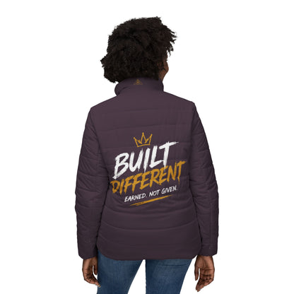 Built Different Women’s Puffer Jacket - 'Built Different. Earned, Not Given.' Quilted Winter Coat