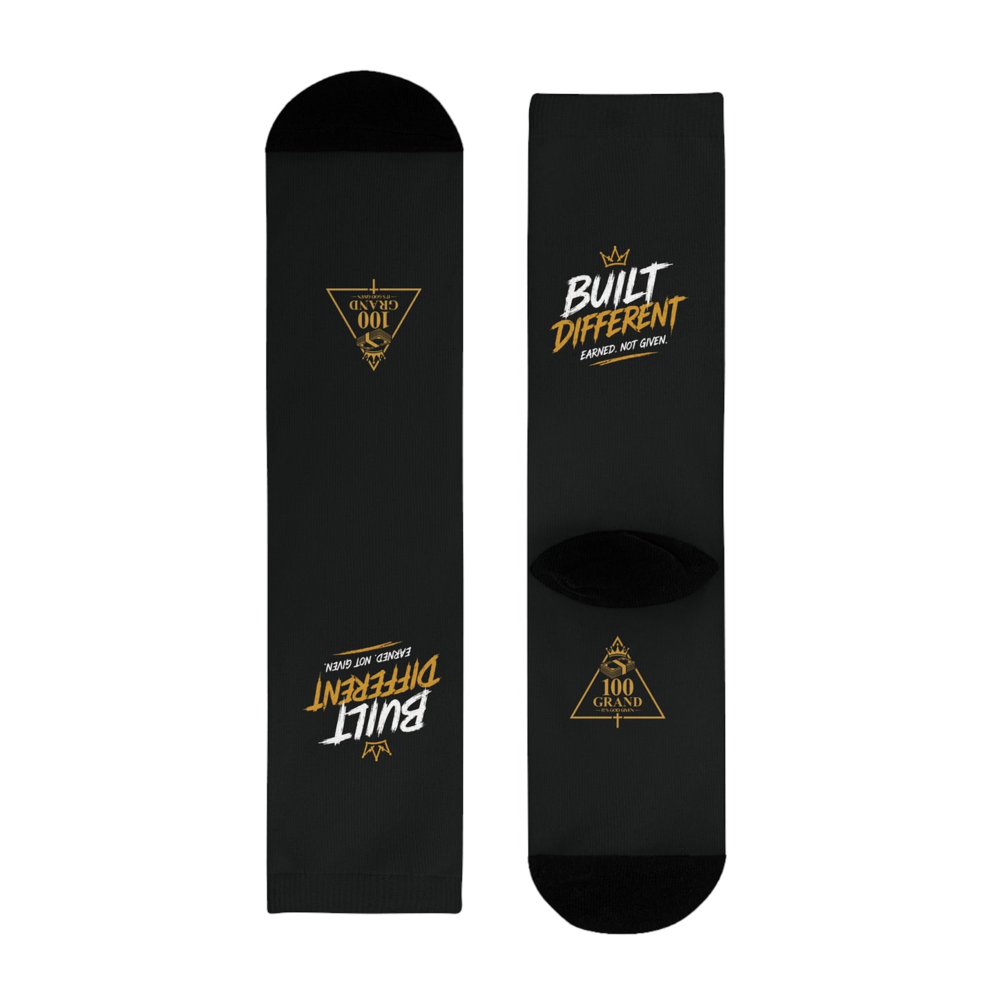 Built Different Crew Socks — Black Sublimated Athletic Socks with 'Built Different' Gold Logo