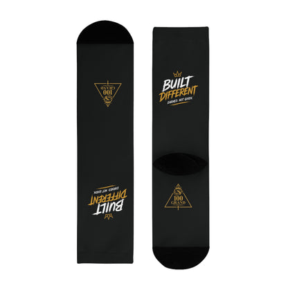 Built Different Crew Socks — Black Sublimated Athletic Socks with 'Built Different' Gold Logo