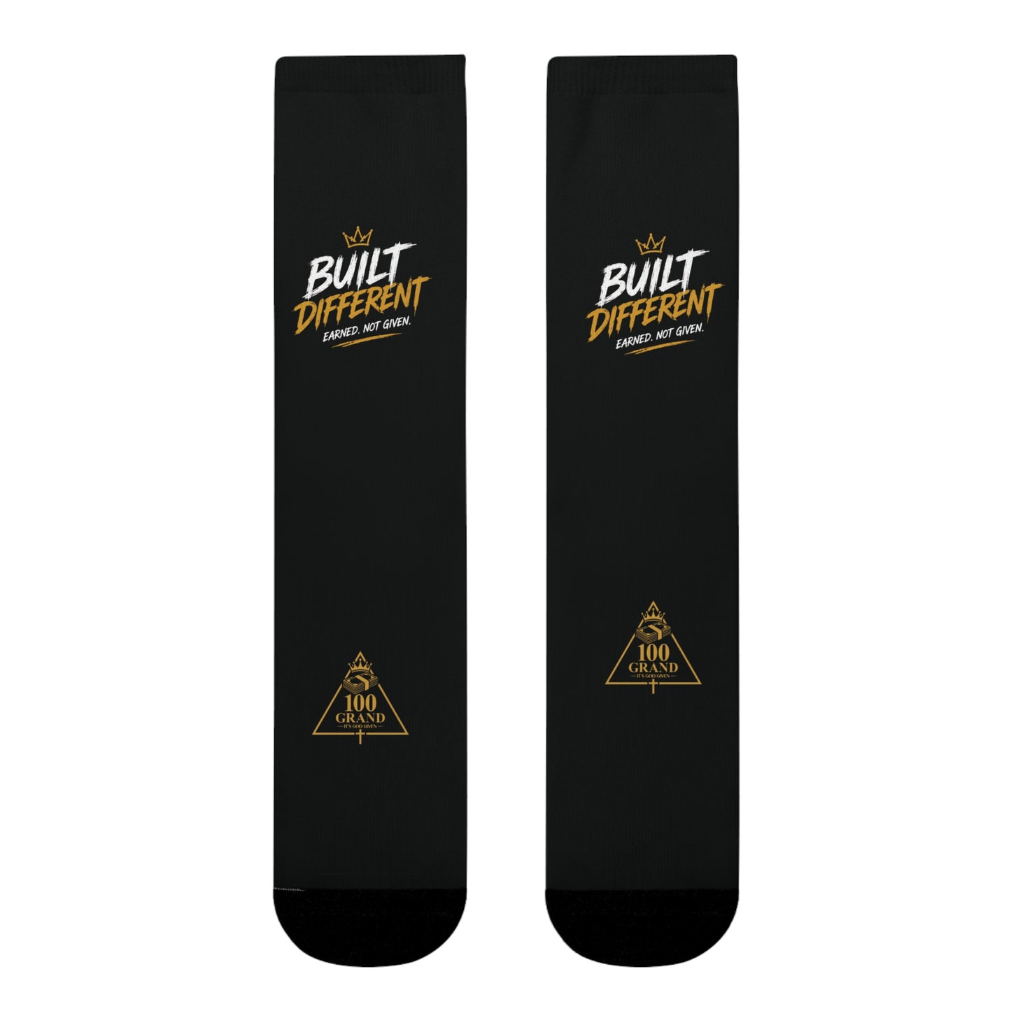 Built Different Crew Socks — Black Sublimated Athletic Socks with 'Built Different' Gold Logo