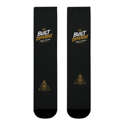 Built Different Crew Socks — Black Sublimated Athletic Socks with 'Built Different' Gold Logo