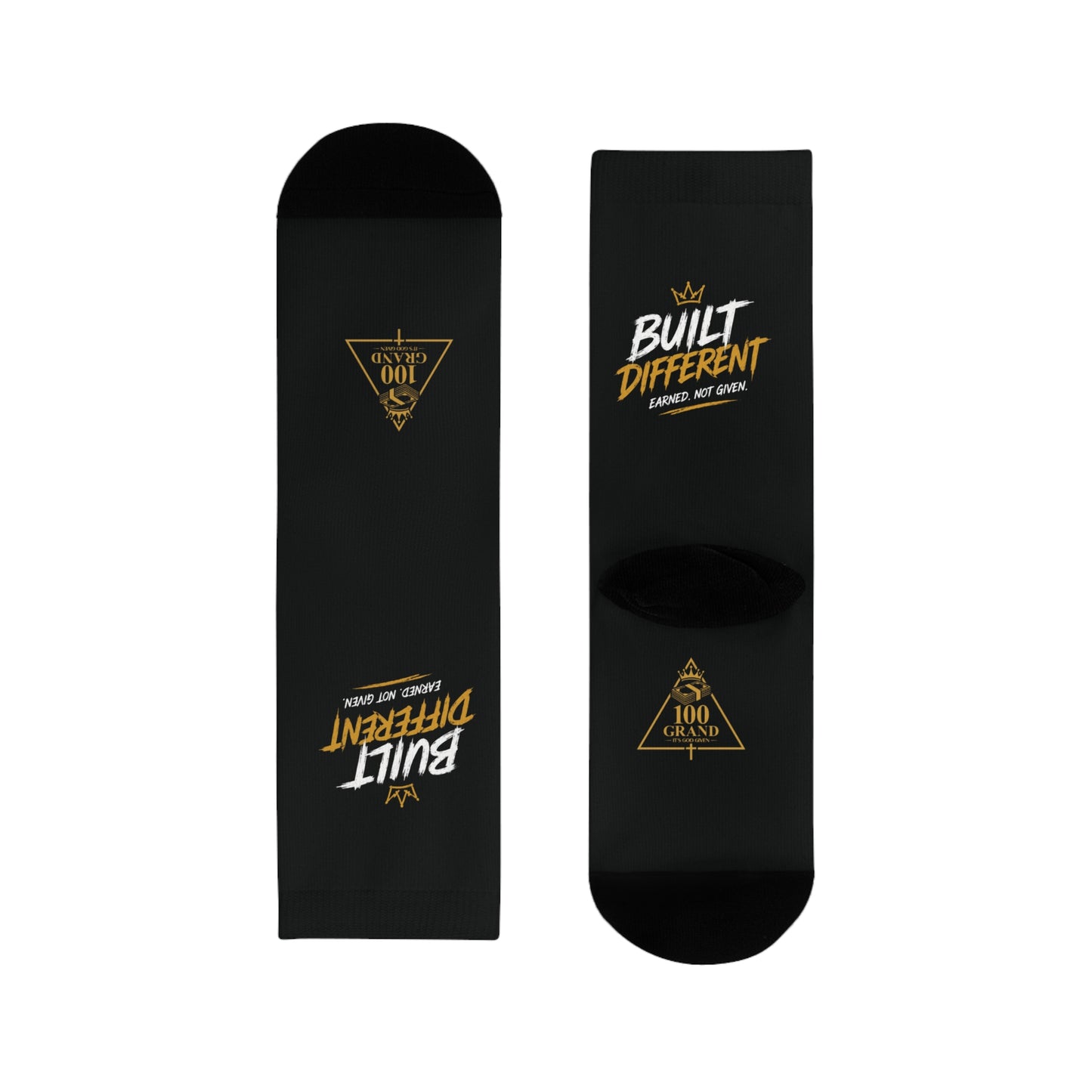 Built Different Crew Socks — Black Sublimated Athletic Socks with 'Built Different' Gold Logo