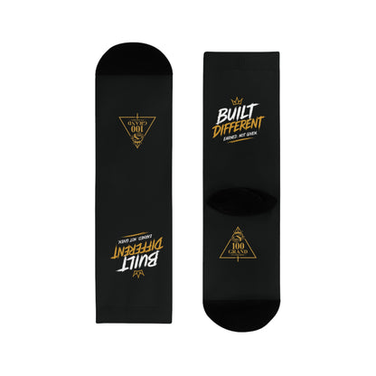 Built Different Crew Socks — Black Sublimated Athletic Socks with 'Built Different' Gold Logo