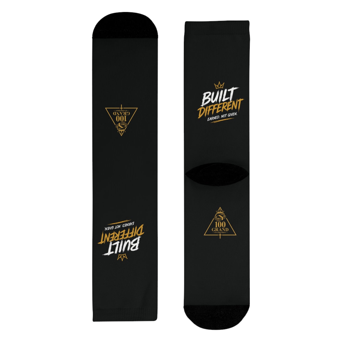 Built Different Crew Socks — Black Sublimated Athletic Socks with 'Built Different' Gold Logo
