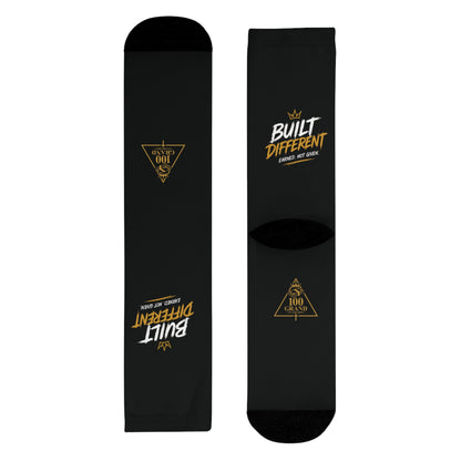 Built Different Crew Socks — Black Sublimated Athletic Socks with 'Built Different' Gold Logo