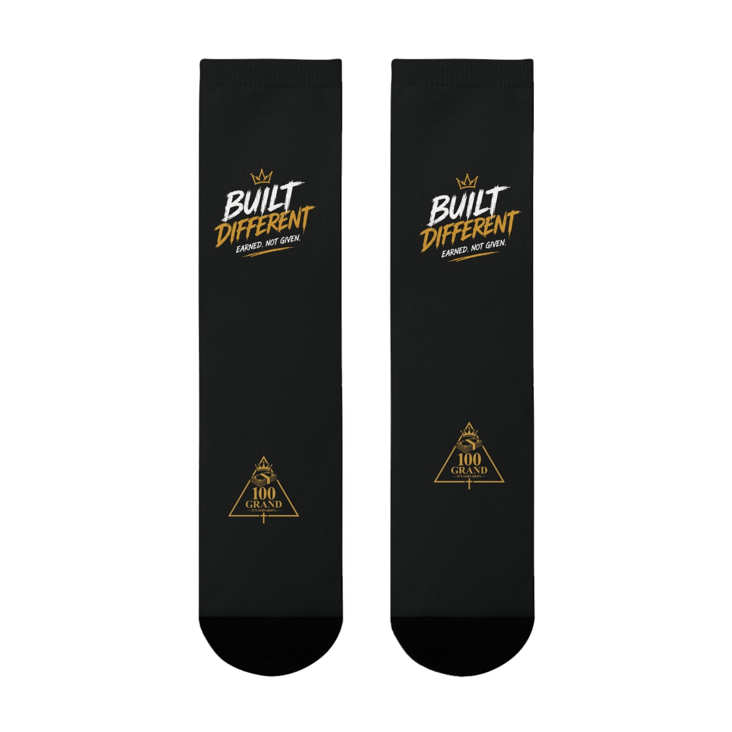 Built Different Crew Socks — Black Sublimated Athletic Socks with 'Built Different' Gold Logo