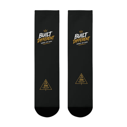 Built Different Crew Socks — Black Sublimated Athletic Socks with 'Built Different' Gold Logo