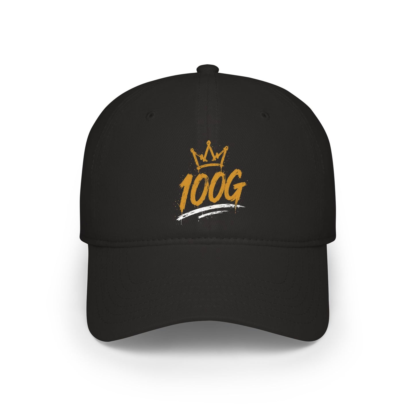 100G Crown Embroidered Baseball Cap — Low Profile Gold Script Hat