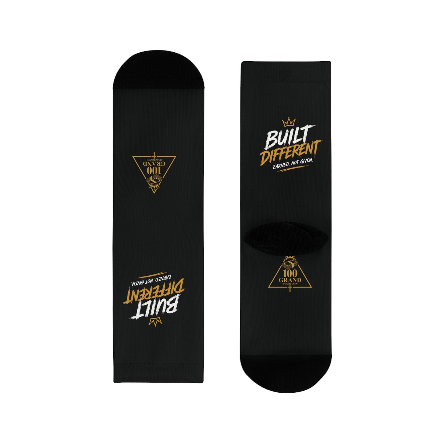 Built Different Crew Socks — Black Sublimated Athletic Socks with 'Built Different' Gold Logo