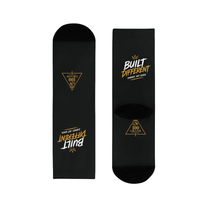 Built Different Crew Socks — Black Sublimated Athletic Socks with 'Built Different' Gold Logo
