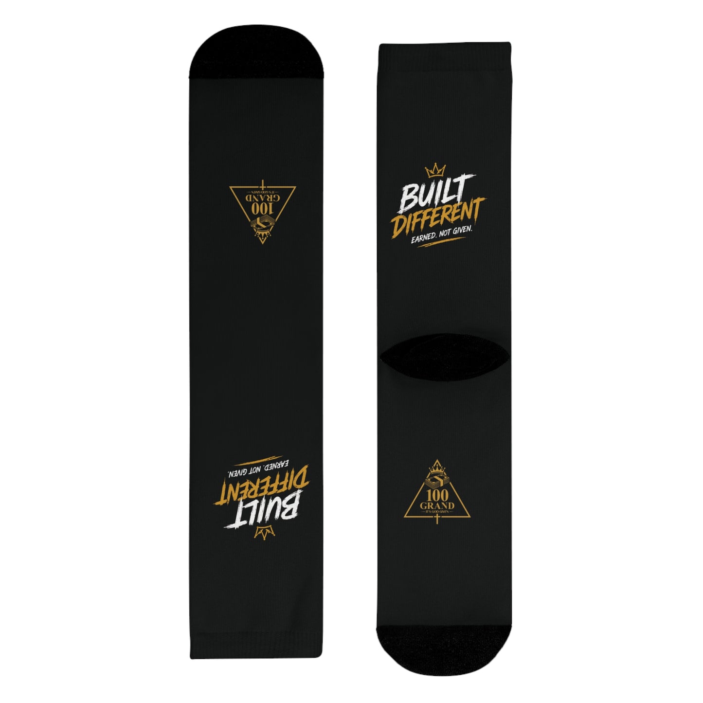 Built Different Crew Socks — Black Sublimated Athletic Socks with 'Built Different' Gold Logo