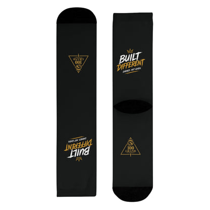 Built Different Crew Socks — Black Sublimated Athletic Socks with 'Built Different' Gold Logo