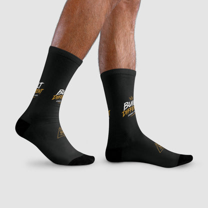 Built Different Crew Socks — Black Sublimated Athletic Socks with 'Built Different' Gold Logo