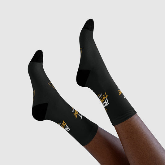 Built Different Crew Socks — Black Sublimated Athletic Socks with 'Built Different' Gold Logo