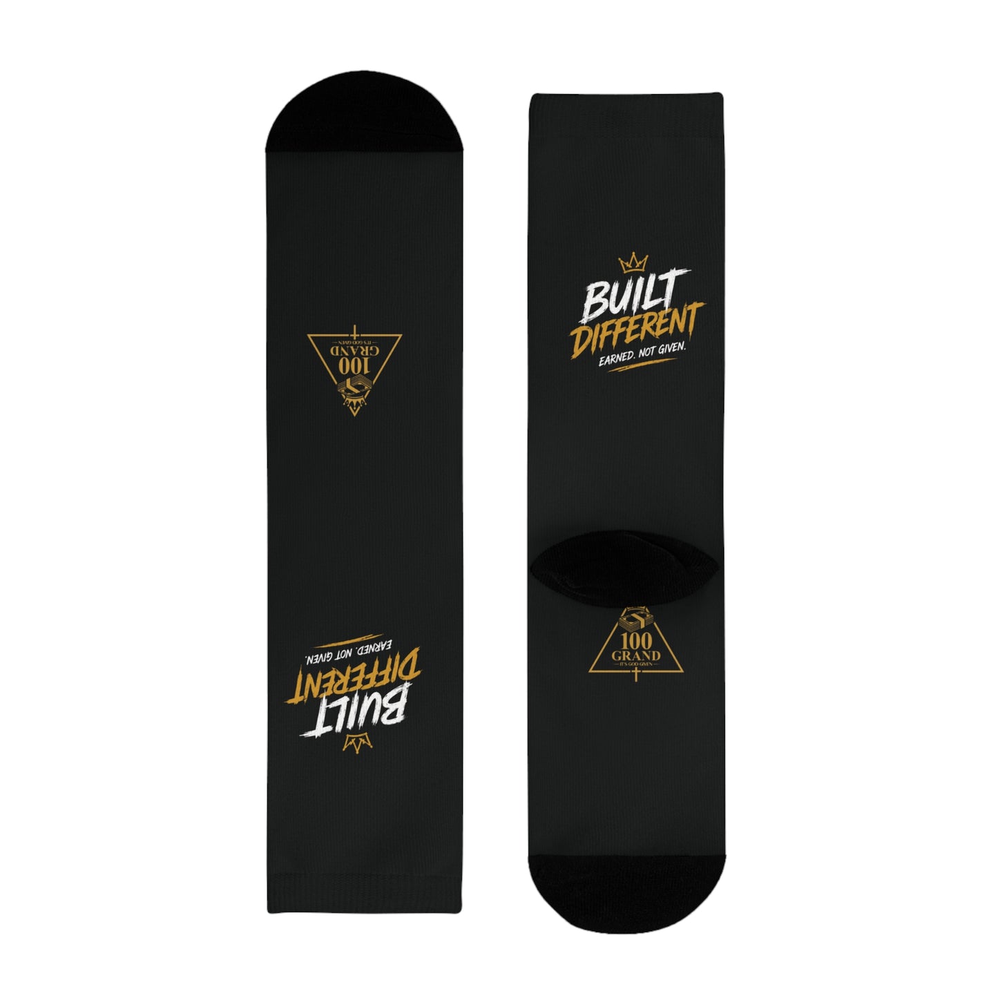 Built Different Crew Socks — Black Sublimated Athletic Socks with 'Built Different' Gold Logo