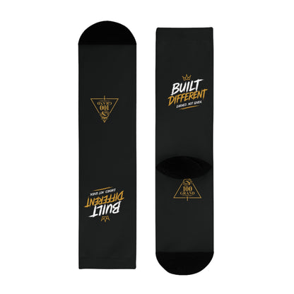 Built Different Crew Socks — Black Sublimated Athletic Socks with 'Built Different' Gold Logo